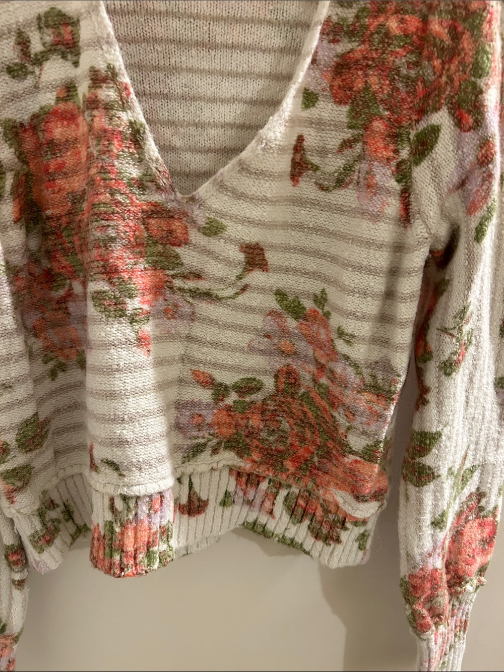 Free People Cream V-Neck Sweater with Coral Floral Print